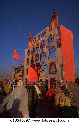 Stock Photo - kumbhmela, draped, 2001, fabric, bright, scaffolding. Fotosearch