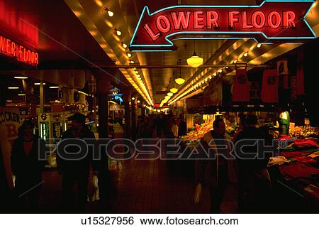 Stock Photograph - market, washington, interior, sign, neon, seattle. Fotosearch