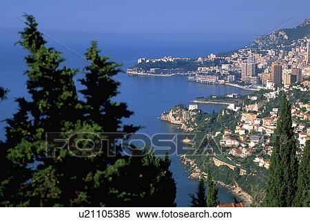 Stock Photography - monaco, hilltop, trees, mediterranean, view, water. Fotosearch