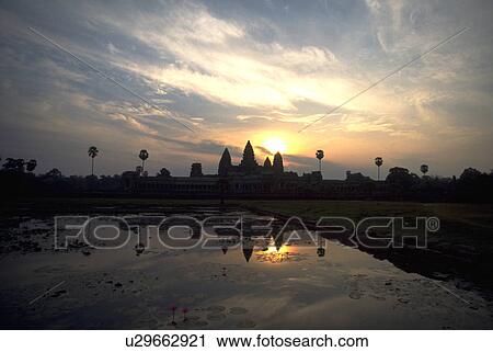Stock Image - pond, temple, seen, towers, carved, main. Fotosearch