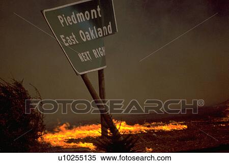 Stock Photography - sign, california, street, oakland, firestorm, fire. Fotosearch