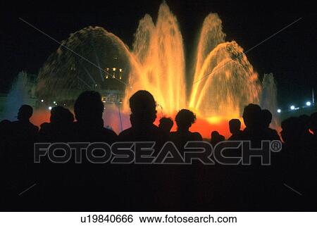 Stock Photograph - spain, water, fountain, barcelona, people, abstract. Fotosearch