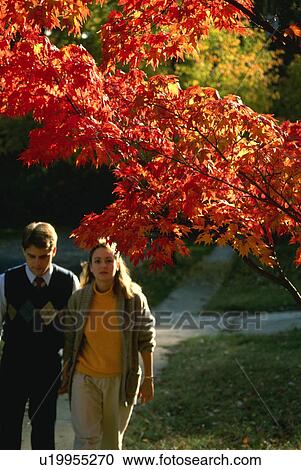 Stock Image - stroll, foliage, fall, colorful, couple. Fotosearch