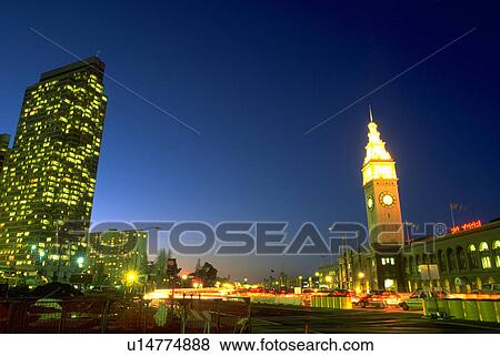 Stock Photo - building, promenade, ferry, night, area, embarcadero. Fotosearch
