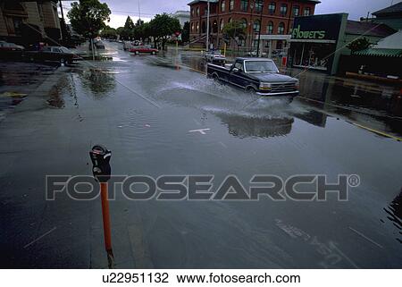 Stock Image - ca, winter, alameda, street, flooded, water. Fotosearch