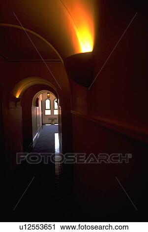 Stock Image - door, archway, hallway, light, golden, building. Fotosearch