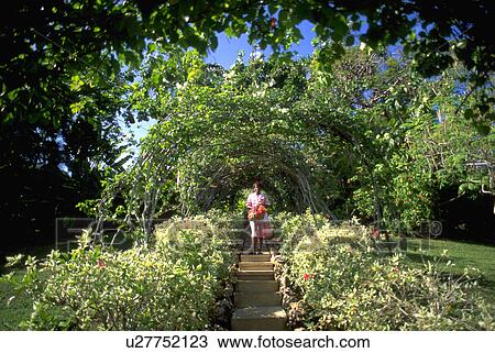Stock Image - grounds, flowers, path, female, friendly, woman. Fotosearch