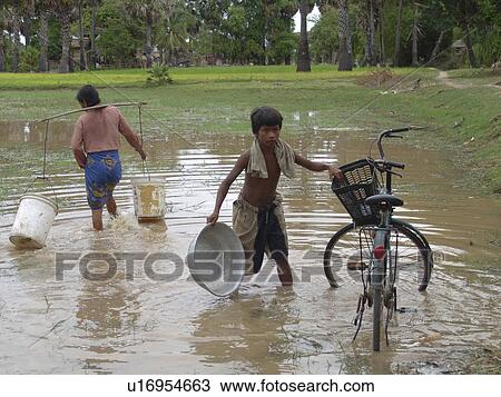 Stock Image - kampong, person, pond, village, cambodia, people. Fotosearch