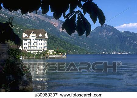 Stock Photo - lucerne, hotel, lake, blue, seen, white. Fotosearch