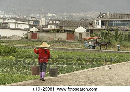 Stock Image - night, person, carrying, farmer, china, people. Fotosearch