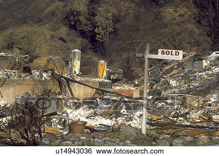 Stock Photograph - rubble, firestorm, disaster, oakland, aftermath, fire. Fotosearch