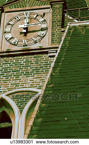 Stock Image - timeless, tower, time, motif, green, clock. Fotosearch