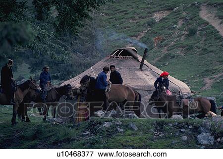 Stock Photo - traditional, horseback, asia, china, yurt, riders. Fotosearch