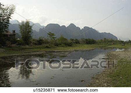 Stock Image - vang, people, mountains, laos, person, water. Fotosearch