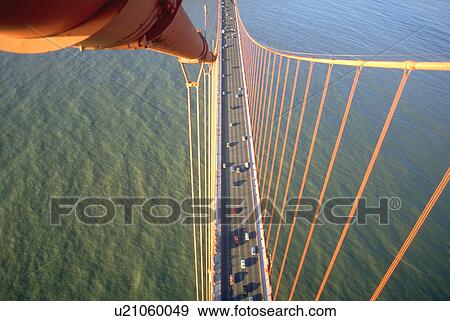 Stock Photo - bridge, top, gate, golden, cables, perspective. Fotosearch