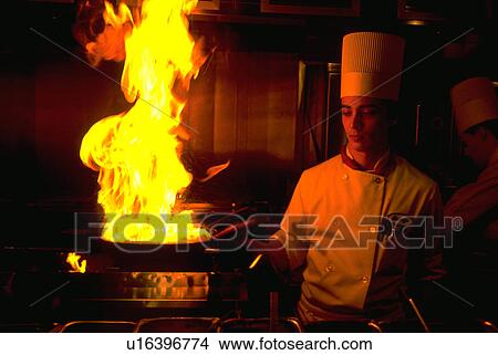 Picture - chef, people, washington, seattle, fire, food. Fotosearch
