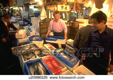Stock Photograph - costumers, fish, market, japanese, tsukiji, business. Fotosearch