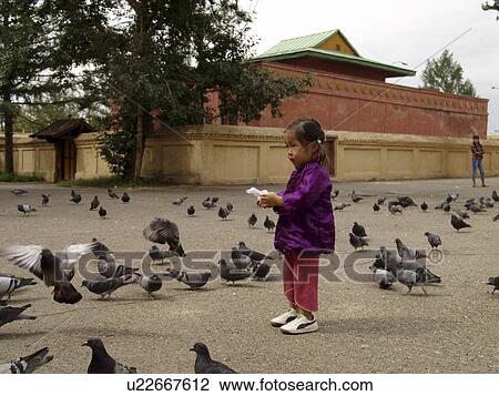 Stock Image - gandan, person, visitors, pigeons, mongolia, people. Fotosearch