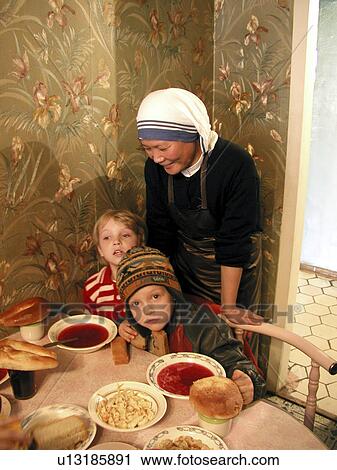 Stock Image - kitchen, person, soup, russia, children, people. Fotosearch