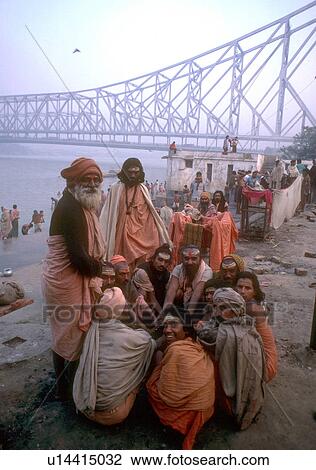 Stock Image - men, india, bridge, howrah, sadhus, 3899. Fotosearch