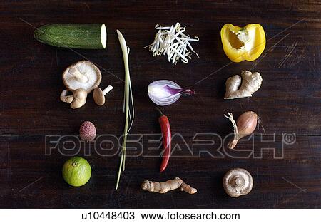 Stock Image - onion, cooking, cucumber, variety, vegetables, ingredients. Fotosearch