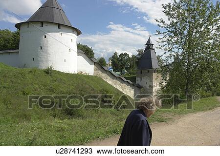 Stock Image - pechersky, person, walls, exterior, russia, people. Fotosearch