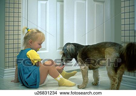 Picture - pet, kid, dog, girl, young, child. Fotosearch