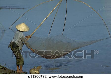 Stock Image - pole, river, southeast, asia, laos, mekong. Fotosearch