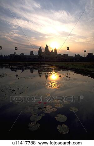 Stock Photo - pond, temple, seen, towers, carved, main. Fotosearch