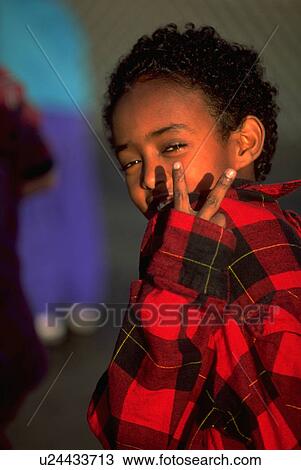 Stock Image - sign, children, peace, boy, ethiopian, people. Fotosearch