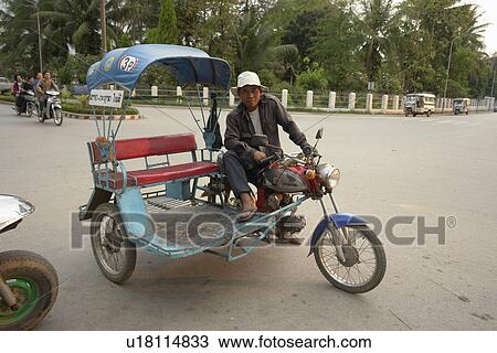 Stock Image - taxi, person, cycle, motor, laos, people. Fotosearch