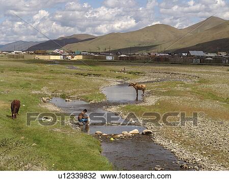 Stock Image - ulaan, person, outside, river, mongolia, people. Fotosearch