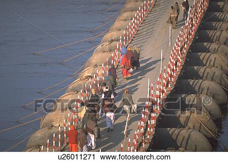 Stock Image - bridge, indian, pontoon, winding, peasants, party. Fotosearch