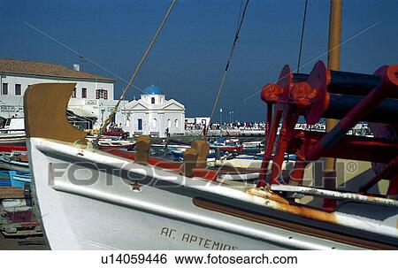 Stock Photograph - cyclades, mediterranean, harbor, church, architecture, aegean. Fotosearch
