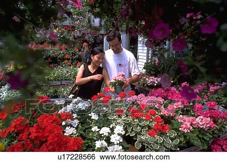 Stock Photograph - flowers, floral, shopping, couple, woman. Fotosearch