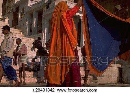 Stock Image - ganges, hindu, saris, washing, females, women. Fotosearch