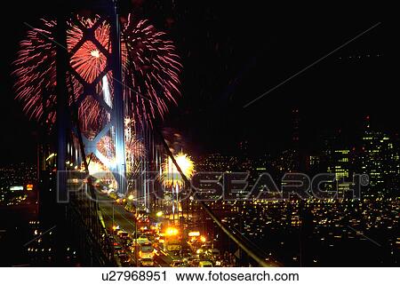 Stock Image - golden, san, bridge, gate, fireworks. Fotosearch