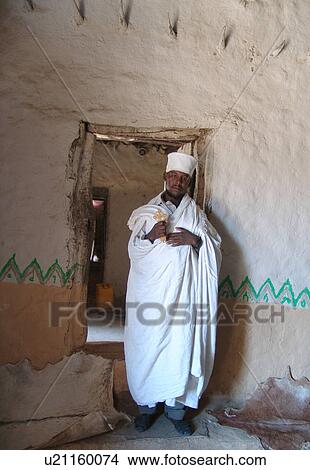 Picture - monastery, person, damo, debre, ethiopia, people. Fotosearch