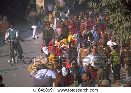 Stock Image - paved, peasant, down, walking, crowd, hindu. Fotosearch