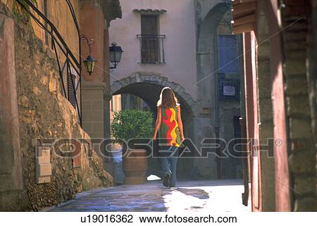 Stock Image - roquebrune, decorative, alley, stone, blouse, girl. Fotosearch