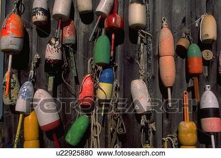 Stock Image - side, fishing, hung, floats, net, colorful. Fotosearch