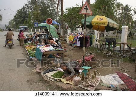 Stock Image - street, people, sale, laos, person, food. Fotosearch