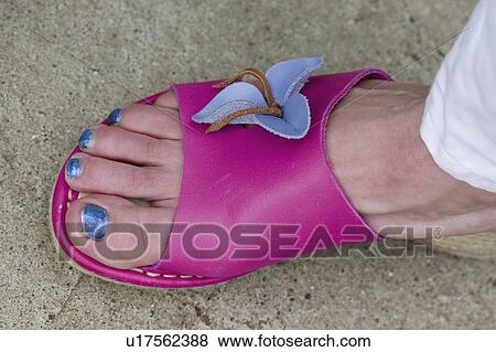 Stock Photo - age, sandal, nails, painted, blue, pink. Fotosearch