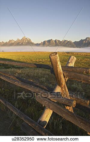 Stock Image - below, fence, pasture, shrouded, fog, wooden. Fotosearch