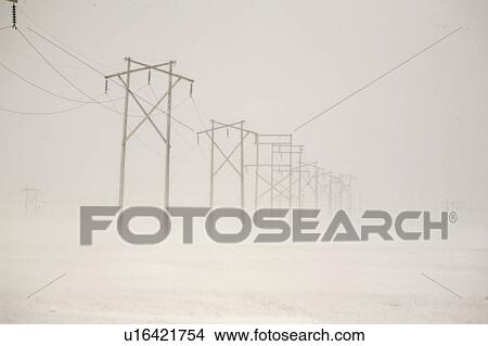 Picture - blizzard, hydro, through, seen, poles, row. Fotosearch