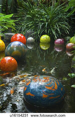 Stock Image - botanical, pond, garden, glass, blown, coy. Fotosearch