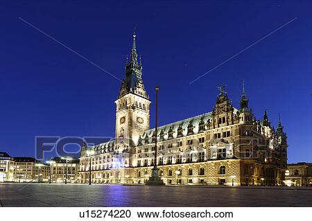 Stock Image - building, night, architecture, germany, hamburg, rathausmarkt. Fotosearch