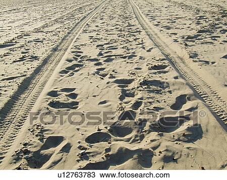 Stock Image - camber, prints, beach, tracks, tyre, foot. Fotosearch
