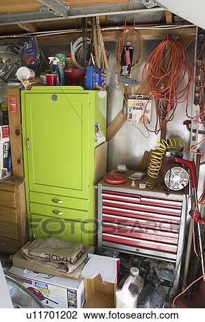 Stock Image - campbellsport, tools, workshop, garage, filling, cabinets. Fotosearch