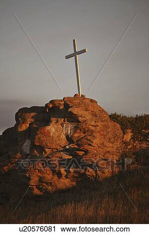 Stock Image - canada, roadside, alberta, southwestern, rock, cross. Fotosearch